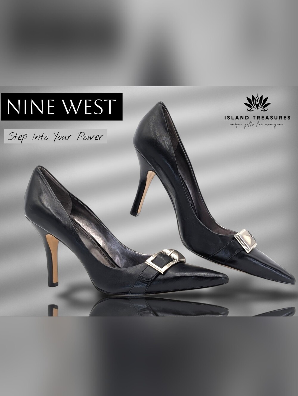 Nine West Sz 10M Black Leather Stiletto Pounted-Toe With Silver Pyramid Buckles